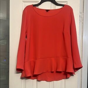 Ann Taylor Asymmetrical Ruffled Blouse in Australian Coral Red